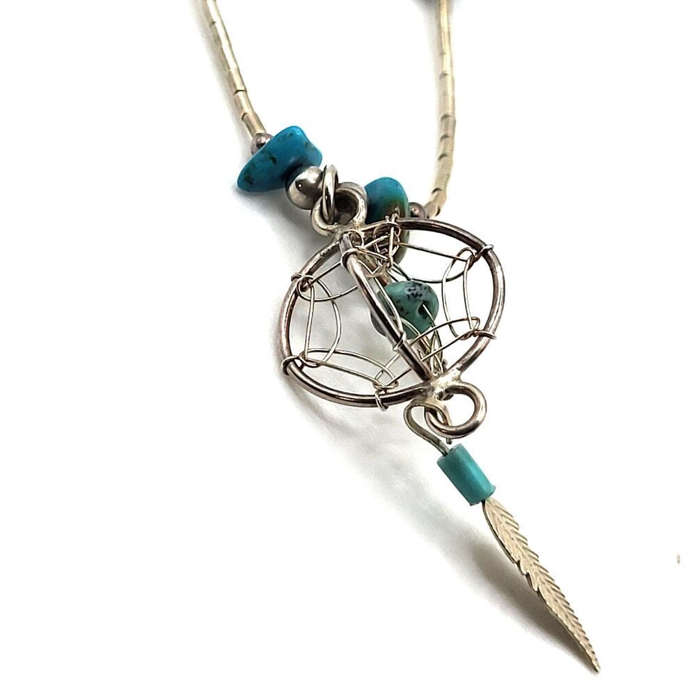 Native American Vintage Liquid Silver Turquoise Dream Catcher Necklace 15in